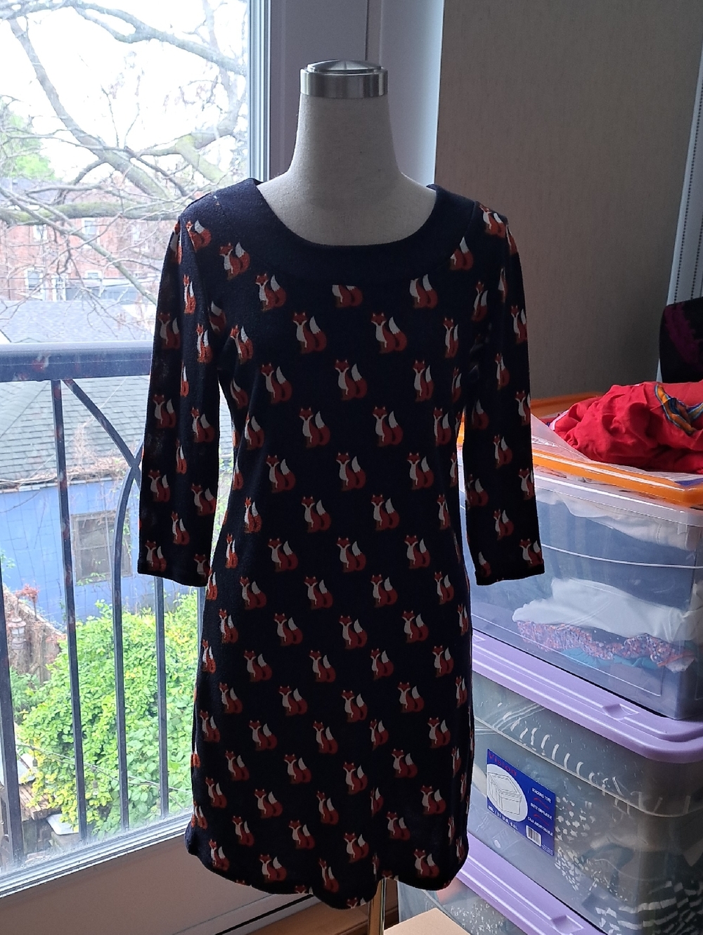Papillon Blanc Navy Sweater Dress with Orange and White Fox Print